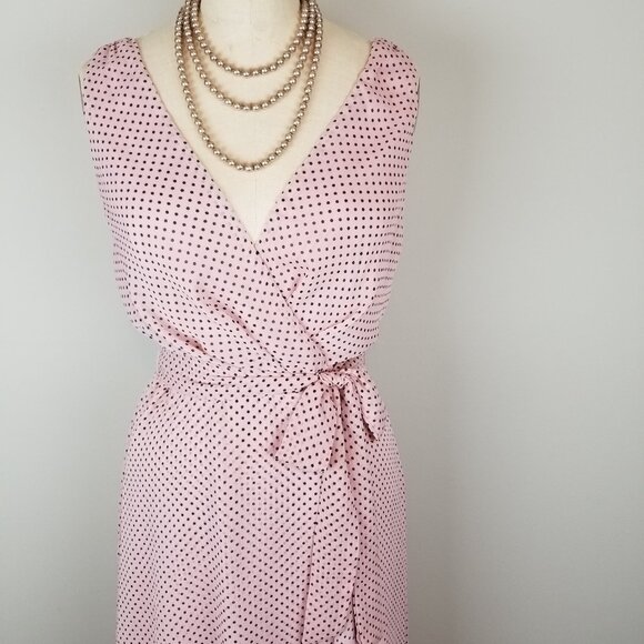 Lapis & Lillies Blush Pink & Black Dot Faux Wrap Chiffon Dress * Small * NEW Tag - Picture 2 of 9